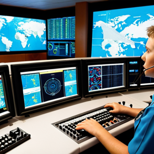 **Prompt:** A seasoned air traffic control leader in a modern, high-tech control room, intensely observing and listening to a young controller. The scene highlights the leader's ability to perceive subtle non-verbal cues and emotional states amidst a busy, high-pressure environment, emphasizing empathetic leadership and active listening. Realistic, human-centric, focused depth of field.