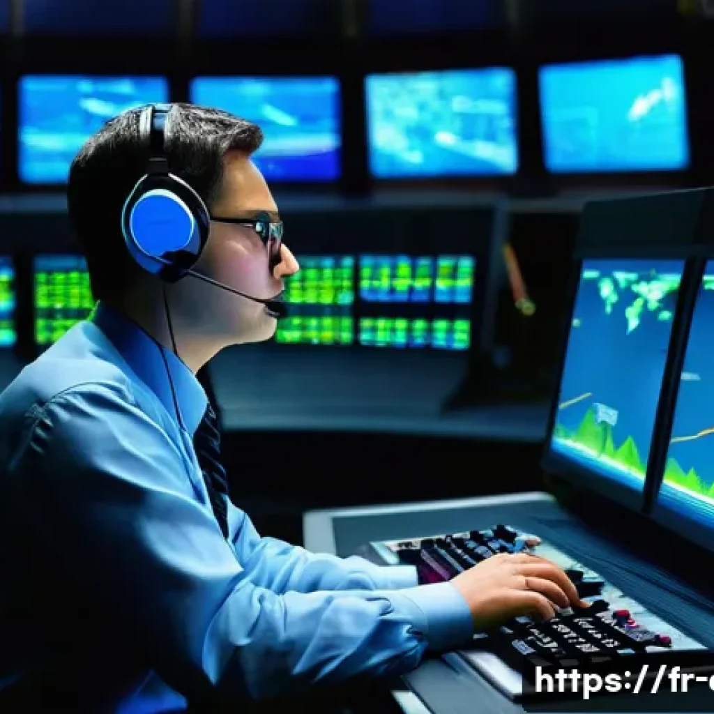 항공교통관제사의 윤리와 책임감 - **Prompt:** A highly focused air traffic controller, appearing calm and serious, is seated at a stat...