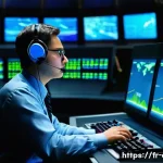 항공교통관제사의 윤리와 책임감 - **Prompt:** A highly focused air traffic controller, appearing calm and serious, is seated at a stat...