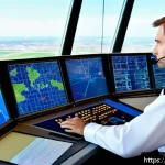 Home 18 항공교통관제사 학업 중점 과목 추천 - A professional air traffic controller in a modern European control tower, wearing a neat uniform and...