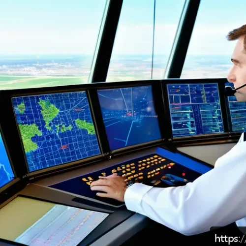 Home 30 항공교통관제사 학업 중점 과목 추천 - A professional air traffic controller in a modern European control tower, wearing a neat uniform and...