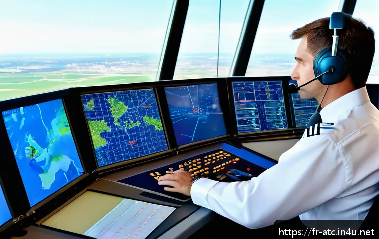 항공교통관제사 학업 중점 과목 추천 - A professional air traffic controller in a modern European control tower, wearing a neat uniform and...