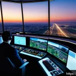 Home 23 항공교통관제사의 주요 실무 기술 - A highly detailed scene inside a modern air traffic control tower in Paris, France, featuring a dive...
