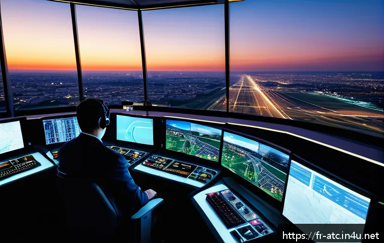 항공교통관제사의 주요 실무 기술 - A highly detailed scene inside a modern air traffic control tower in Paris, France, featuring a dive...