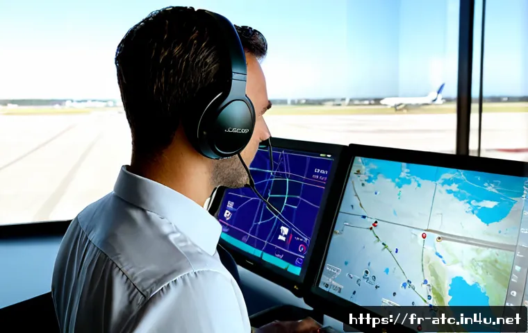 항공교통관제사가 알아야 할 최신 트렌드 - Photorealistic modern French air traffic control center, experienced controller wearing a profession...